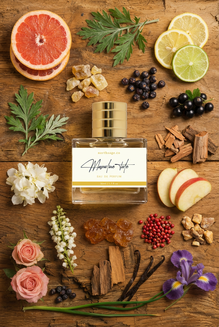 NORTHSAGE Masculine Tale inspired by Elysium Roja fragrance bottle with sleek design and deep red accents.